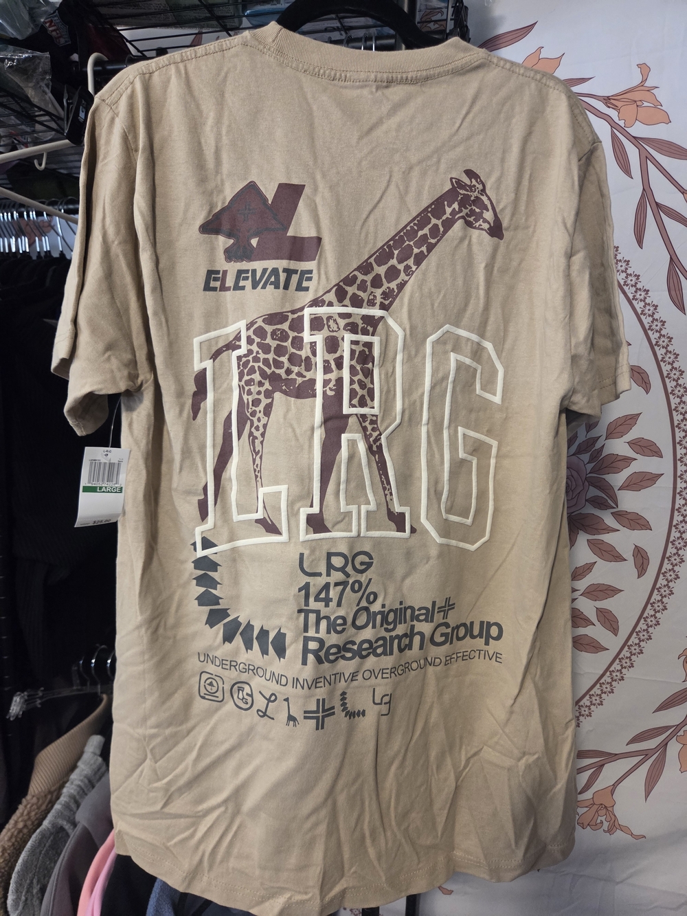 LRG Tan Graphic Tee with Brown Giraffe Print